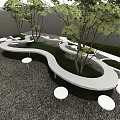 Modern Landscape Seats With Curved Wooden Design And Green Trees In Urban Park