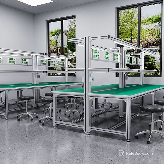 Bright Workshop With Green Countertop Workbenches Metal Frames And Swivel Chairs 3d model 