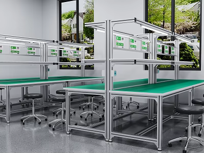 Bright Workshop With Green Countertop Workbenches Metal Frames And Swivel Chairs 3d model