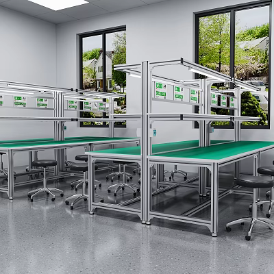 Bright Workshop With Green Countertop Workbenches Metal Frames And Swivel Chairs 3d model