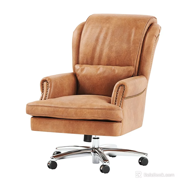 Brown Leather Single Sofa with High Backrest Armrests Stitched Details and Swivel Wheel Base 3d model 