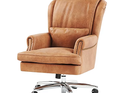 Brown Leather Single Sofa with High Backrest Armrests Stitched Details and Swivel Wheel Base 3d model