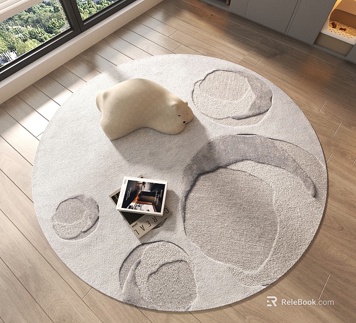 Minimalist Round Rug With Gray Circular Patterns And White Plush Toy On Wooden Floor 3d model 