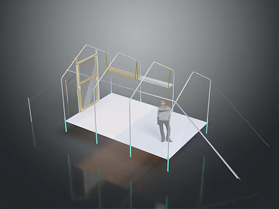 Person Standing Next to Frame Structure Model on White Platform with Green Supports 3d model