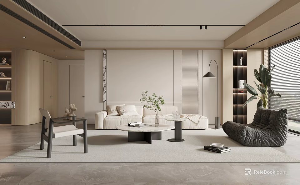 Modern Living Room Interior Design With Sofa Coffee Table And Green Plants 3d model 