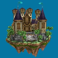 Cartoon Castle On Floating Island With Purple Spires Green Trees And Stone Ground