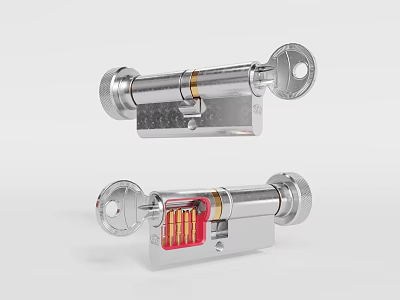 Silver Metal Lock Cylinder With Internal Pin Structure And Keyhole Design 3d model