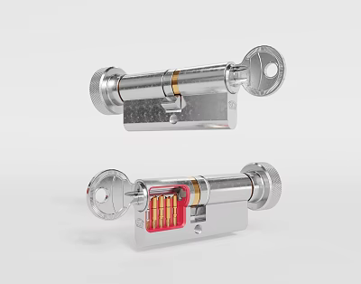 Silver Metal Lock Cylinder With Internal Pin Structure And Keyhole Design 3d model