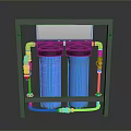 Dual Cartridge Water Filter System With Blue Cartridges Golden Pipes And Black Frame