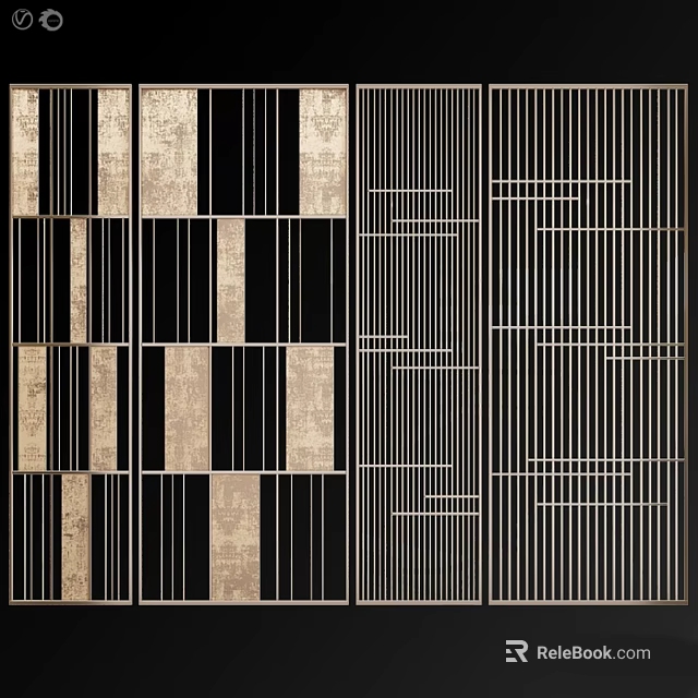 Modern Geometric Wall Hanging Decor With Black White Stripes And Gold Lines 3d model 