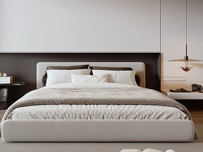 Modern Double Bed With Light Colored Bedding Pillows And Hanging Lamp In Minimalist Bedroom 3d model