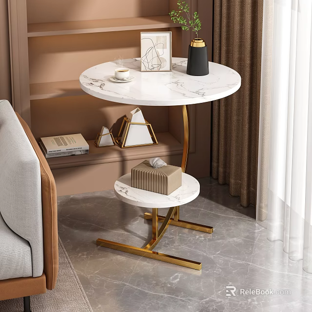 Round Two Tier Side Table With Marble Top Gold Metal Frame For Living Room Decor 3d model 
