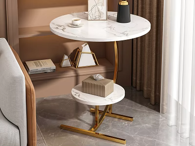 Round Two Tier Side Table With Marble Top Gold Metal Frame For Living Room Decor 3d model