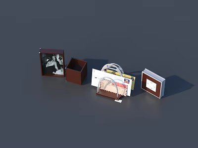 Decorative Ornament Set with Brown Box Transparent Cover Photo Frame and Rolled Decorations 3d model