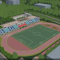 SCC Football Stadium With Green Grass Field Red Running Track Blue Roof Stands And Trees 3d model