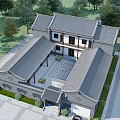 Ancient Architecture With Traditional Grey Brick Classic Roof Courtyard Stone Path People Walking And Trees