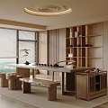 Serene Tea Room With Wooden Furniture Shelf Tea Sets And Mountain View