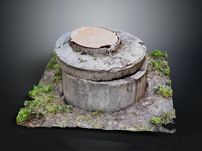Circular Concrete Manhole Cover Structure With Metal Lid And Green Grass 3d model