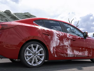 Red Sedan With White Graphic Design Against Mountain And Sky Background 3d model