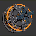 3D Model of Spacecraft with Blue Solar Panels Orange Ring and Metallic Structure Components