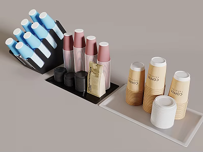 Colorful Disposable Cups Stacked with Black Sleeves On Tray for Coffee Shop Use 3d model