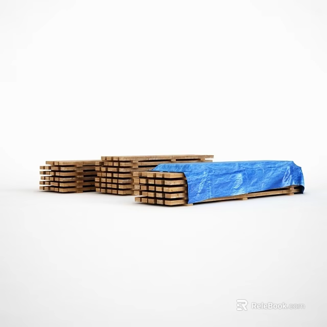 Stacked Wooden Planks With Blue Tarp Cover For Storage And Transport 3d model 