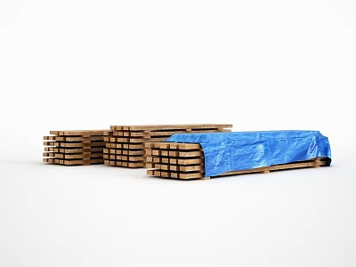 Stacked Wooden Planks With Blue Tarp Cover For Storage And Transport 3d model