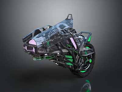 Futuristic Motorcycle with Sleek Black Body Green Accents Pink Highlights and Glowing Mechanical Design 3d model