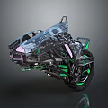 Futuristic Motorcycle with Sleek Black Body Green Accents Pink Highlights and Glowing Mechanical Design