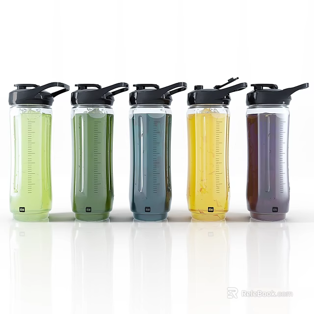 Five Piece Assorted Color Drinkware Set With Black Lids And Straws 3d model