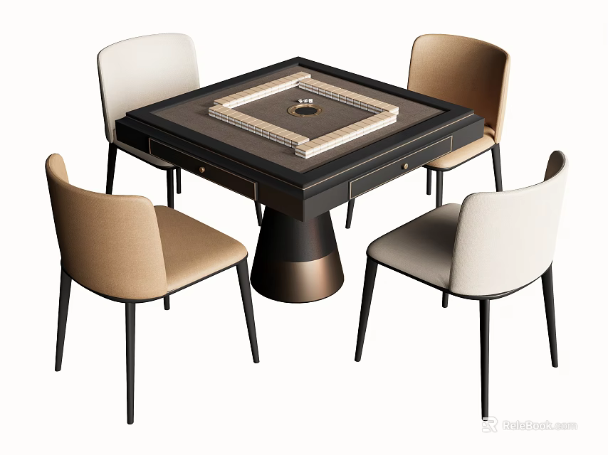 Modern Entertainment Table with Four Beige and White Chairs Black Frame Square Top Design 3d model 