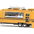 Yellow Food Truck With Serving Display Window Kitchen Equipment And Outdoor Tables Chairs