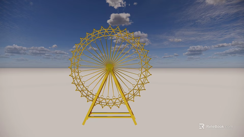 Yellow Iron Art Ferris Wheel Structure Against Blue Sky With White Clouds 3d model 
