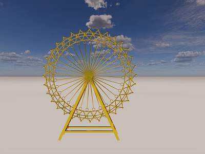Yellow Iron Art Ferris Wheel Structure Against Blue Sky With White Clouds 3d model