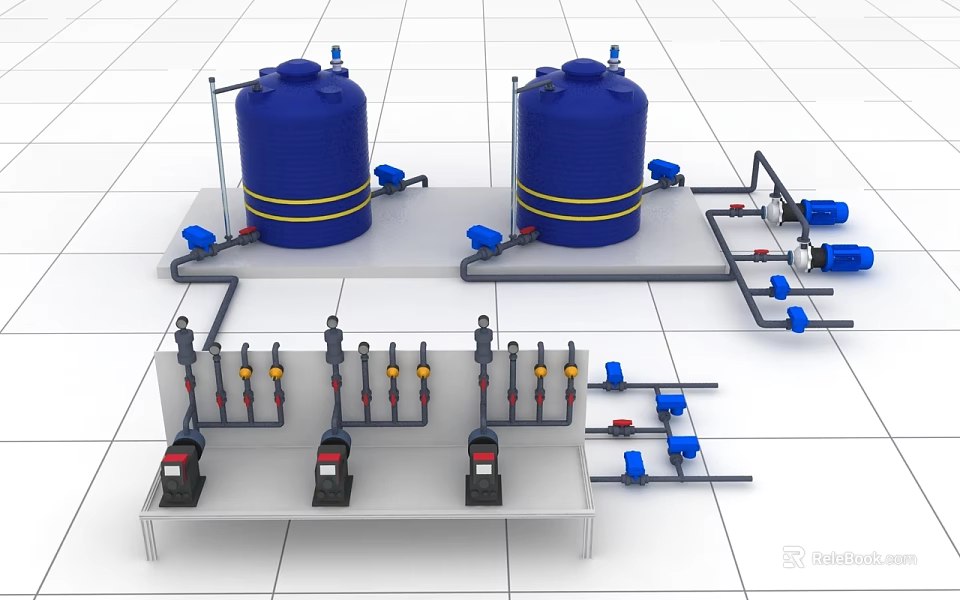 Industrial Equipment Featuring Blue Tanks with Yellow Stripes Piping System Valves and Control Panel 3d model 