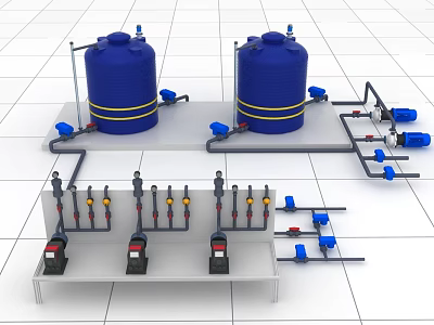Industrial Equipment Featuring Blue Tanks with Yellow Stripes Piping System Valves and Control Panel 3d model