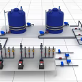 Industrial Equipment Featuring Blue Tanks with Yellow Stripes Piping System Valves and Control Panel