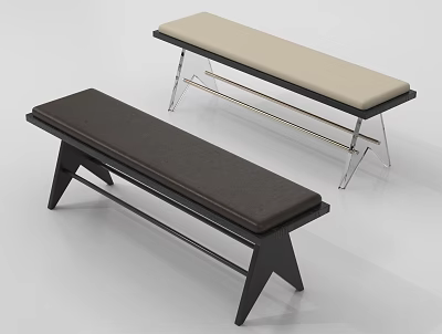 Two Modern Stylish Benches With Dark Brown And Light Beige Seats And Metal Frames 3d model