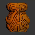 Orange Ceramic Vessel With Carved Human Face And Geometric Motifs Design