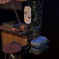 Small Wooden Food Stall With Striped Awning Chalkboard Menu And Red Stool