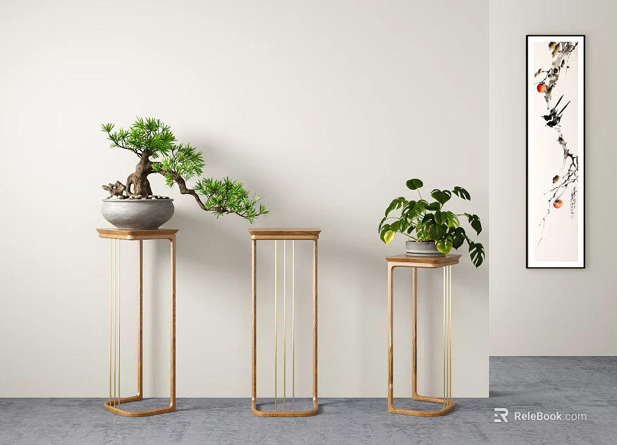 Modern Plant Stands With Wooden Top And Metal Frame Holding Potted Plants And Wall Art 3d model 