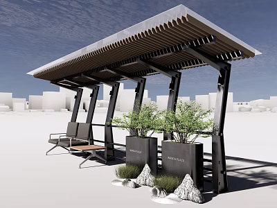 Modern Pergola Design With Wooden Slat Roof Bench Seating Planters Green Plants And Stone Accents 3d model