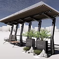 Modern Pergola Design With Wooden Slat Roof Bench Seating Planters Green Plants And Stone Accents