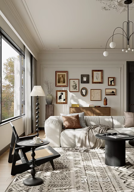 Cozy Living Dining Room With Large Window Autumn View Framed Paintings And Beige Sofa 3d model 