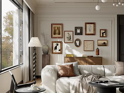 Cozy Living Dining Room With Large Window Autumn View Framed Paintings And Beige Sofa 3d model