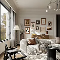 Cozy Living Dining Room With Large Window Autumn View Framed Paintings And Beige Sofa