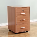 Wooden Bookcase With Three Drawers White Handles And Lock On Wooden Floor And Light Wall