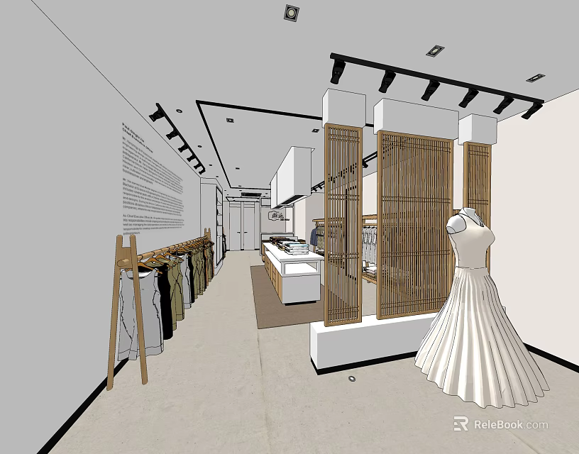 Stylish Clothing Store Interior With White Dress Display Racks And Wooden Partitions 3d model 