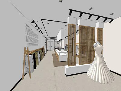 Stylish Clothing Store Interior With White Dress Display Racks And Wooden Partitions 3d model
