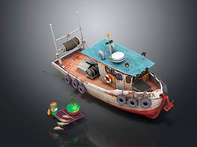 Old Fishing Boat With Blue Roof White Red Hull Winch Lifebuoy And Small Accessories 3d model